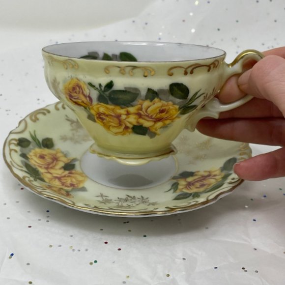 Vintage Lefton China Yellow Floral Peek a Boo Luster Wear Footed Teacup Saucer - Picture 2 of 10